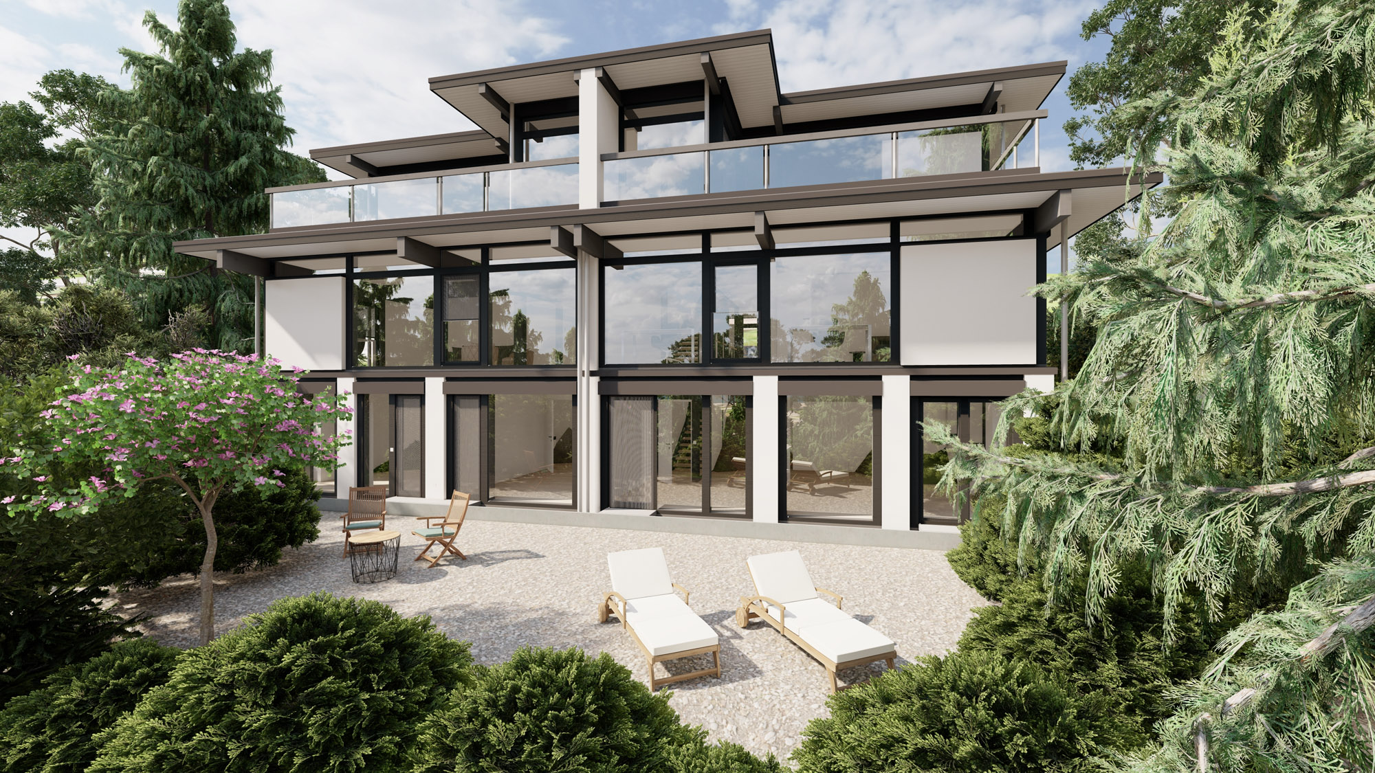 Zweifamilienhaus HUF HAUS Ansicht eines Mehrfamilienhauses mit Garten und Terrasse