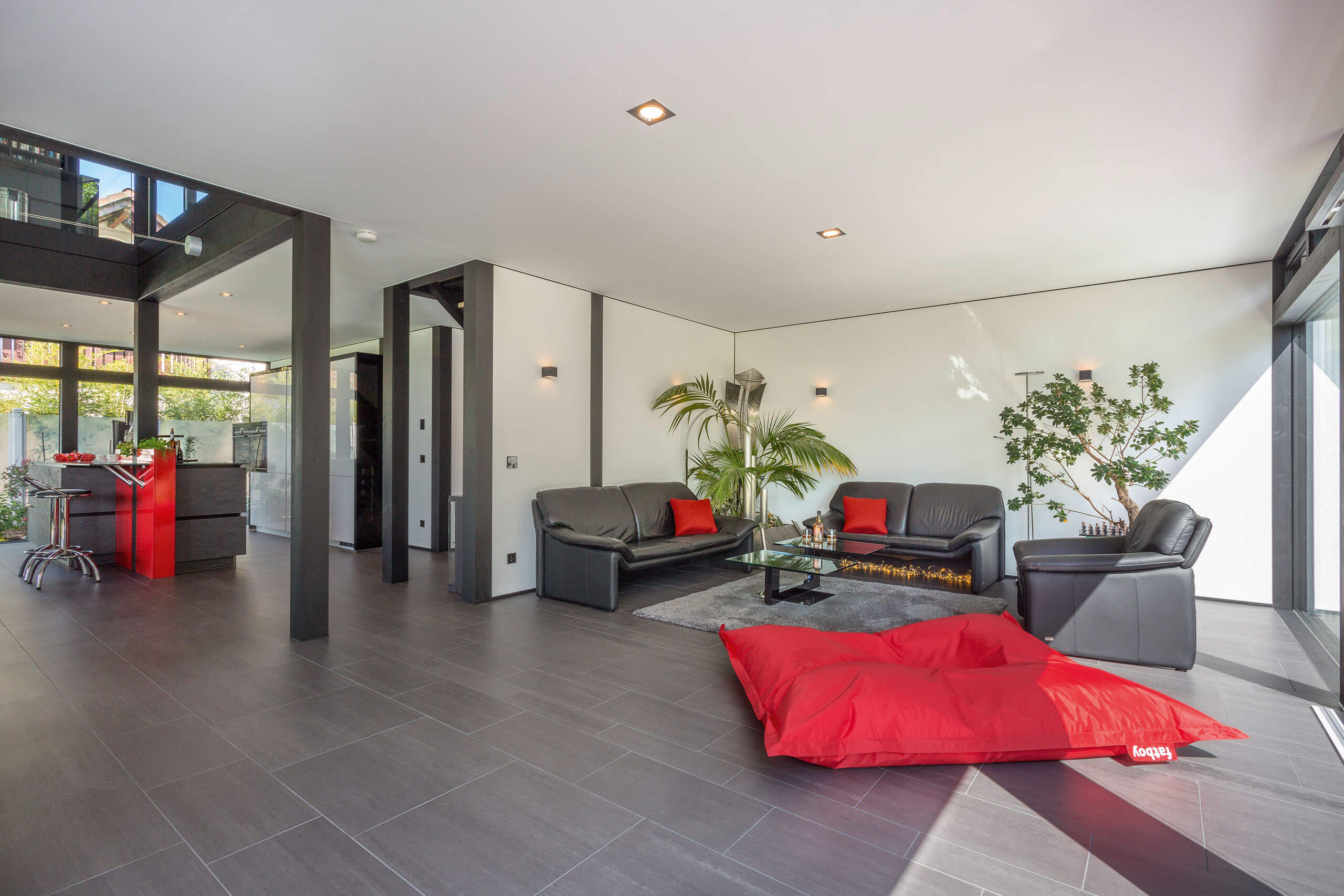 Moderne Wohnung mit offenem Wohnbereich und Pflanzen Stilvolles Wohnzimmer mit schwarzen Sofas und rotem Akzentkissen