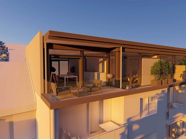 Moderne architektonische Gestaltung eines aufgestockten Hauses mit Balkon