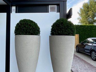 Zwei große, runde Pflanztöpfe aus Beton vor einem modernen Gebäude