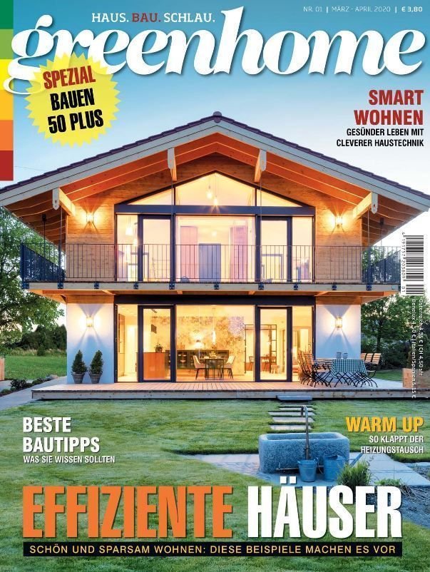 Greenhome Magazin - Effiziente Häuser Titelseite des Greenhome Magazins mit einem modernen Wohnhaus