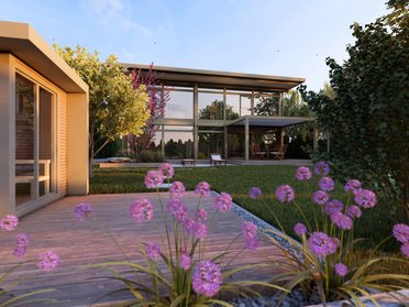Moderne Architektur eines Traumhauses mit Garten Visualisierung eines Architektenhauses umgeben von Blumen und Natur