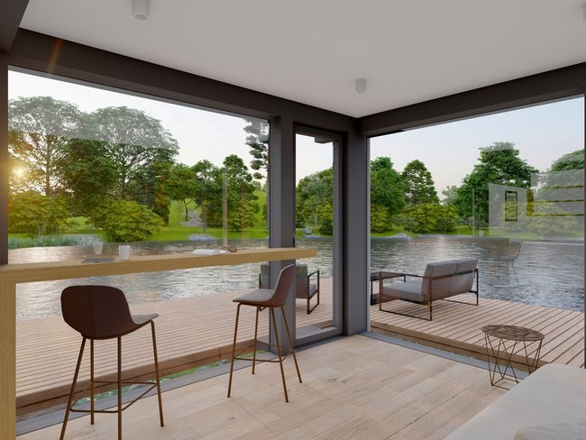 Moderne Wohnraumansicht am Wasser Lichtdurchfluteter Raum mit Blick auf den See und Garten