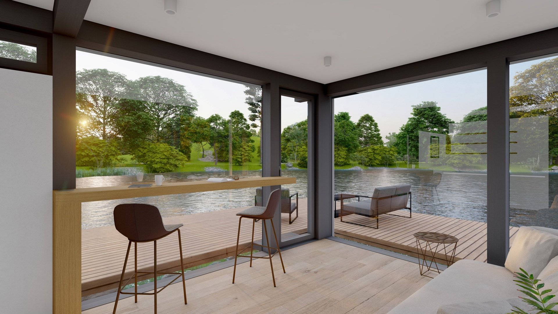Moderne Wohnraumansicht am Wasser Lichtdurchfluteter Raum mit Blick auf den See und Garten