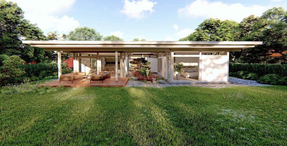 Moderne Architektur eines Atriumhauses mit Garten und Terrasse