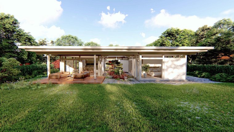 Ein modernes Haus mit Garten und Holzterrasse in der Natur.
