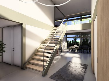 Moderne Architektur eines Traumhauses mit Treppe Helle Eingangshalle eines Architektenhauses mit Treppe und Fenster