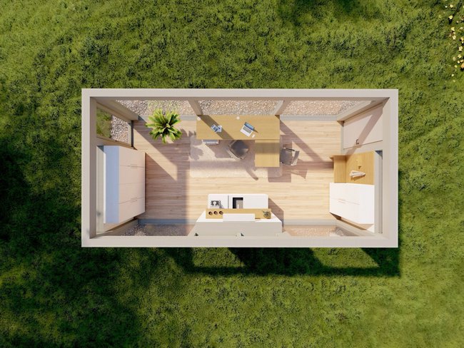 Raumgestaltung im Gartenhaus mit Möbeln und Pflanzen
