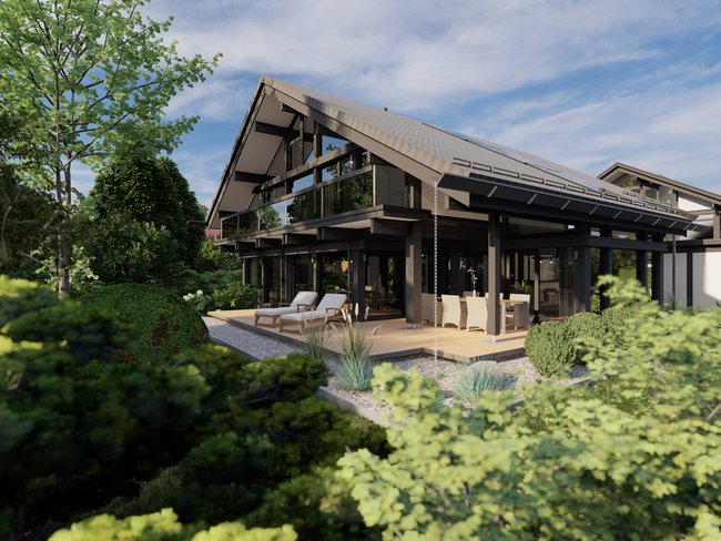 Ansicht eines Zweifamilienhauses mit Garten und Terrasse