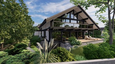 Moderne Visualisierung eines Zweifamilienhauses Zweifamilienhaus im Grünen mit großzügiger Terrasse und modernen Elementen