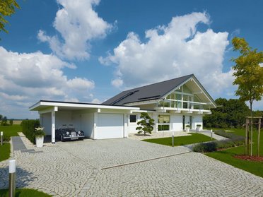 Fachwerkhaus HUF HAUS ART 4 mit modernem Design Moderne Architektur eines HUF HAUS ART 4 mit großzügigem Außenbereich
