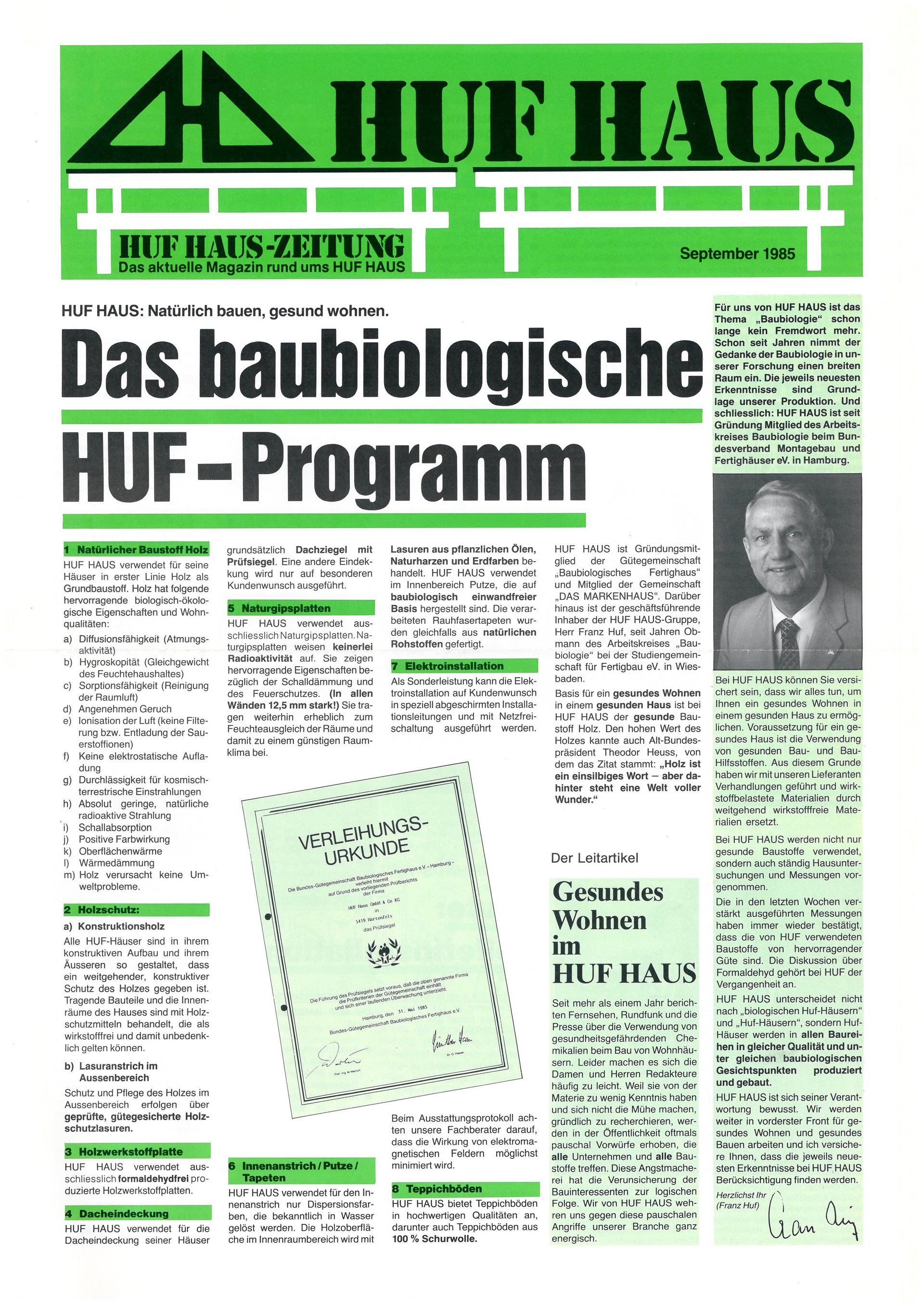 HUF HAUS-ZEITUNG September 1985, baubiologisches HUF-Programm