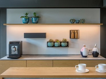 Moderne Küche mit stilvollem Dekor und Pflanzen Küche mit Kaffeemaschine, Pflanzen und dekorativen Objekten
