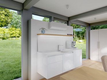 Helle Küche mit minimalistischer Ausstattung und Gartenblick