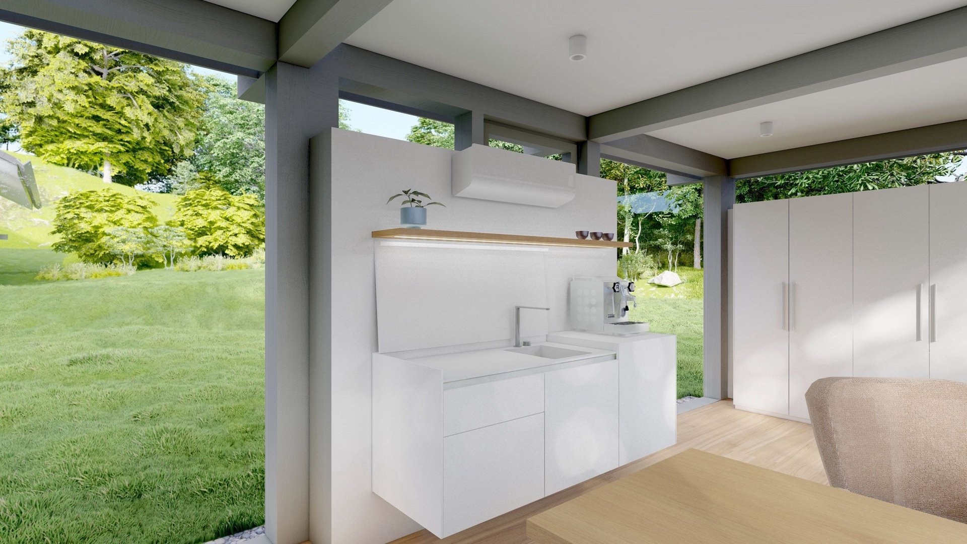 Helle Küche mit minimalistischer Ausstattung und Gartenblick