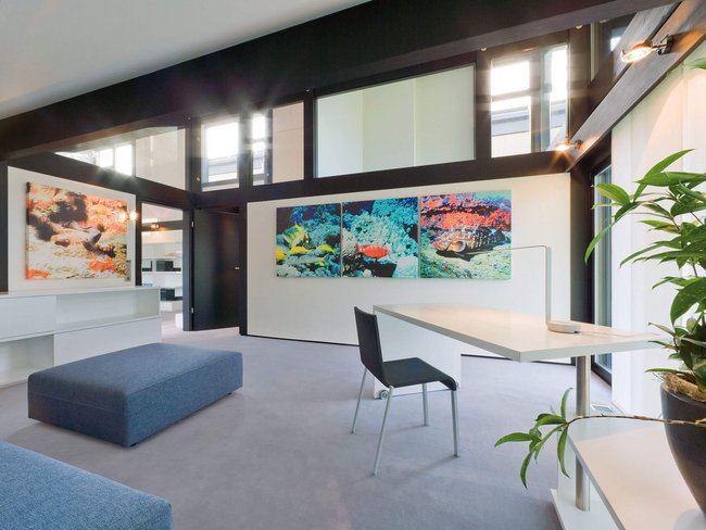 Spacious interior featuring colorful fish artwork and minimalist design