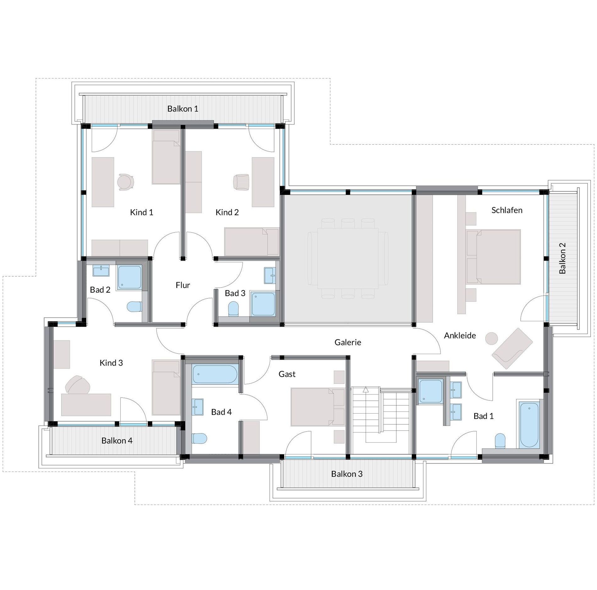 Luxushaus mit Flachdach und Grundriss Grundriss eines modernen Luxushauses mit Raumaufteilung und Balkonen