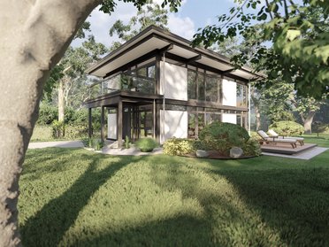 Visualisierung eines Mehrfamilienhauses von HUF Moderne Architektur eines Mehrfamilienhauses in einer Gartenlandschaft