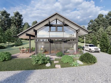 Ferienhaus in Schweden mit Glasfront und grünem Garten