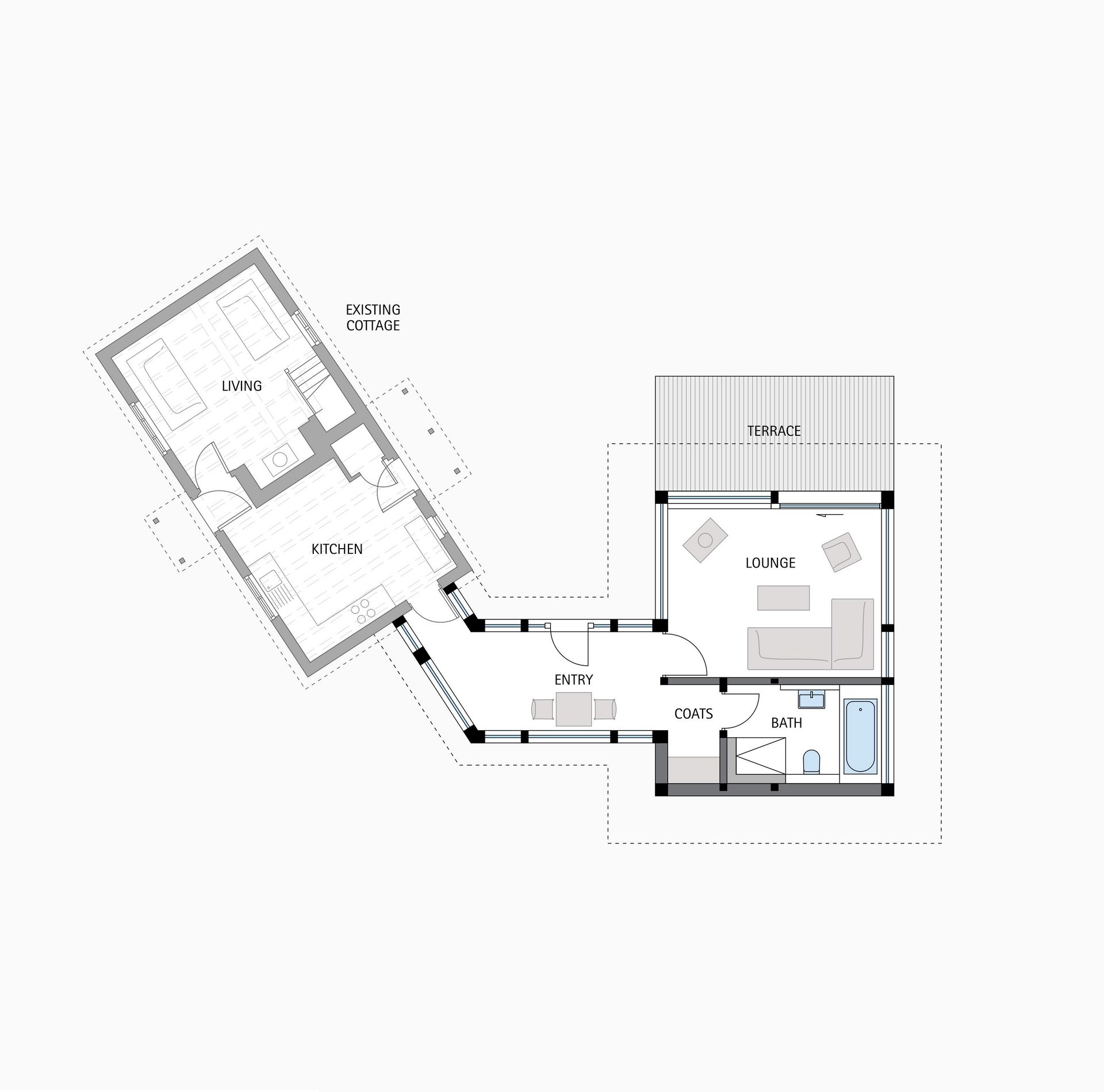 Grundriss des Anbaus mit Lounge, Terrasse und vorhandener Küche