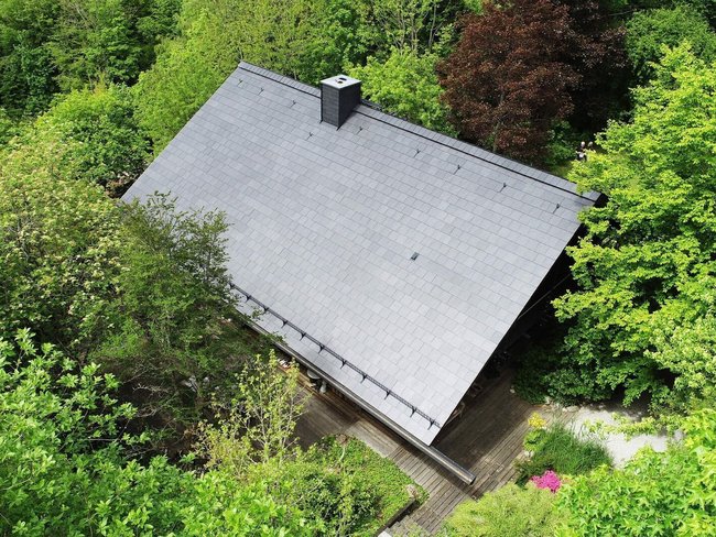 Moderne Architektur umgeben von Natur Dach eines Hauses umgeben von üppigem grünem Baumwerk