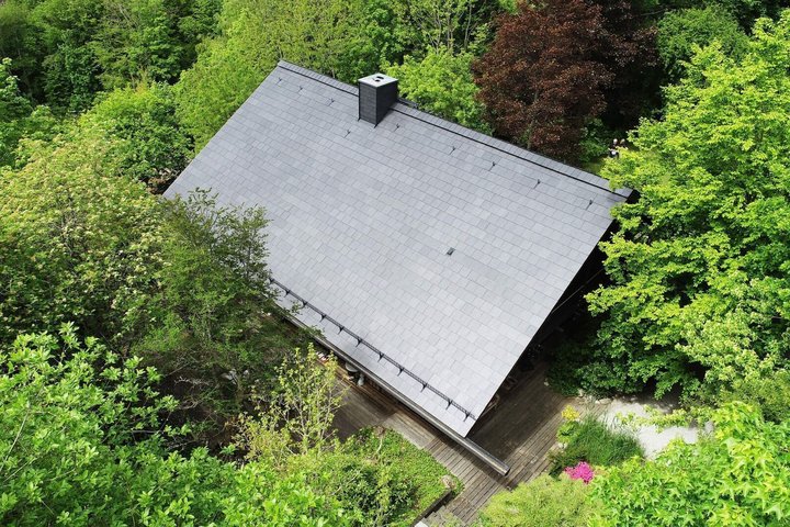 Dach eines Hauses umgeben von üppigem grünem Baumwerk