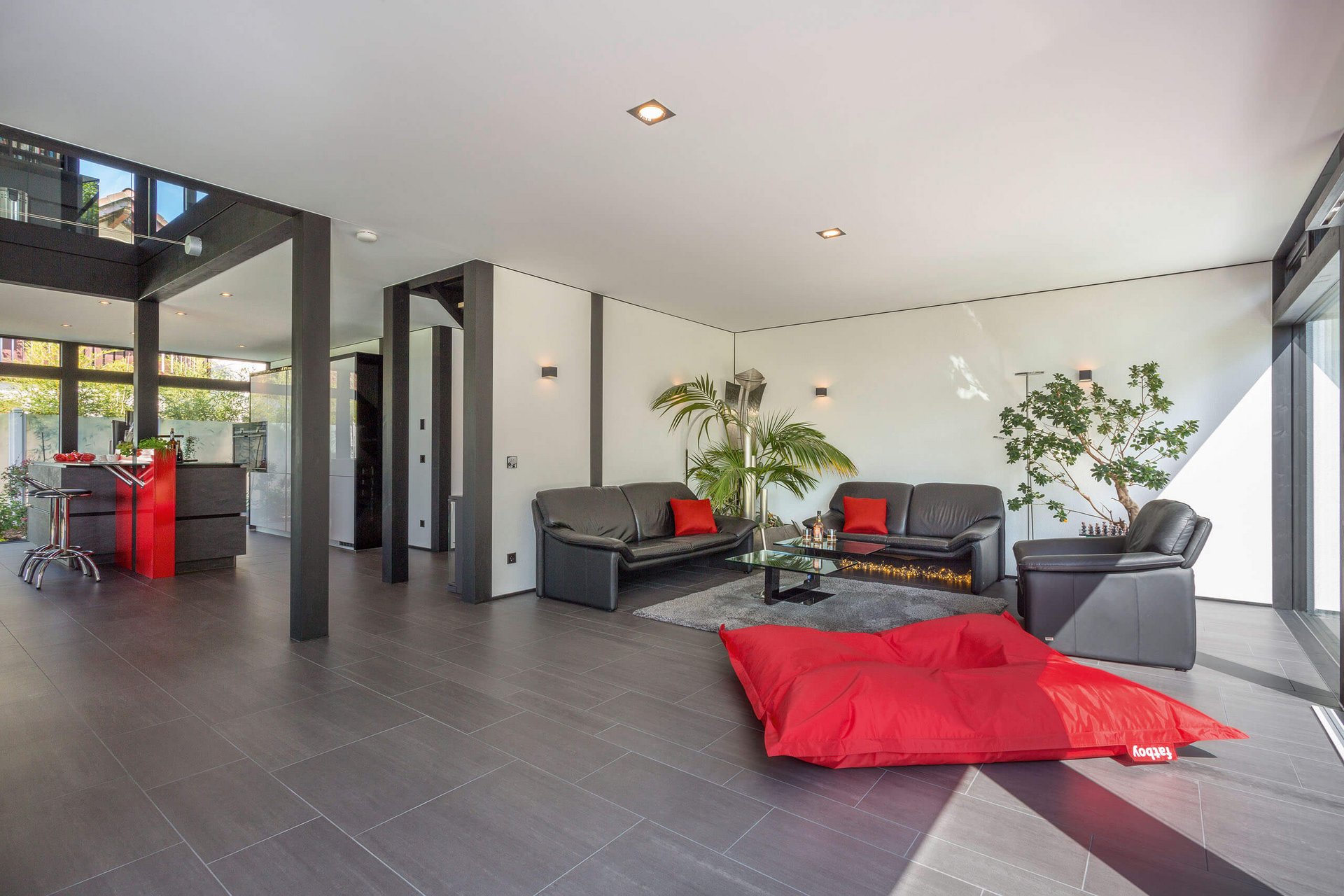 Stilvolles Wohnzimmer mit schwarzen Sofas und rotem Akzentkissen