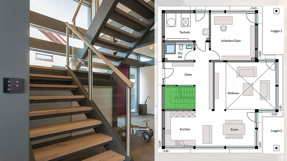 Ansicht einer Treppe mit zugehörigem Grundriss des Hauses