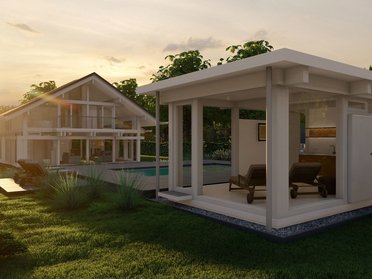 Schöne Architektur mit Pool und großzügigen Fensterflächen in der Natur