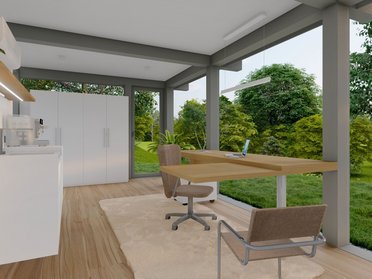 Helles Home-Office mit modernem Design und natürlichem Licht