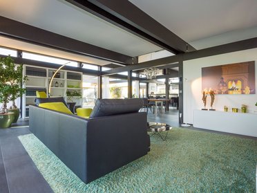Helles Wohnzimmer mit Sofa, Teppich und Pflanzen im modernen Stil