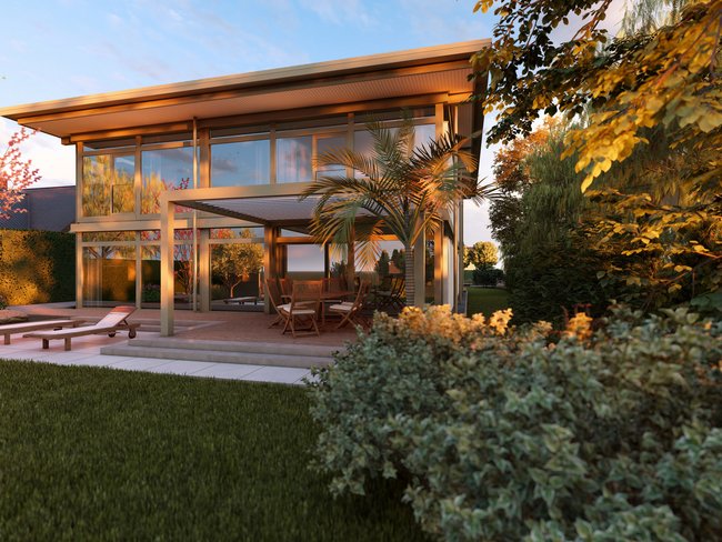 Moderne Architektur eines Traumhauses im Garten Traumhaus-Visualisierung mit großzügigen Glasflächen und Garten
