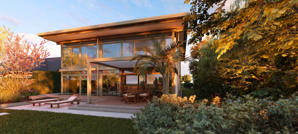 Traumhaus-Visualisierung mit großzügigen Glasflächen und Garten