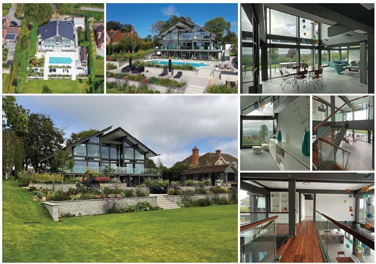 Verschiedene Ansichten eines modernen Hauses mit Garten und Pool