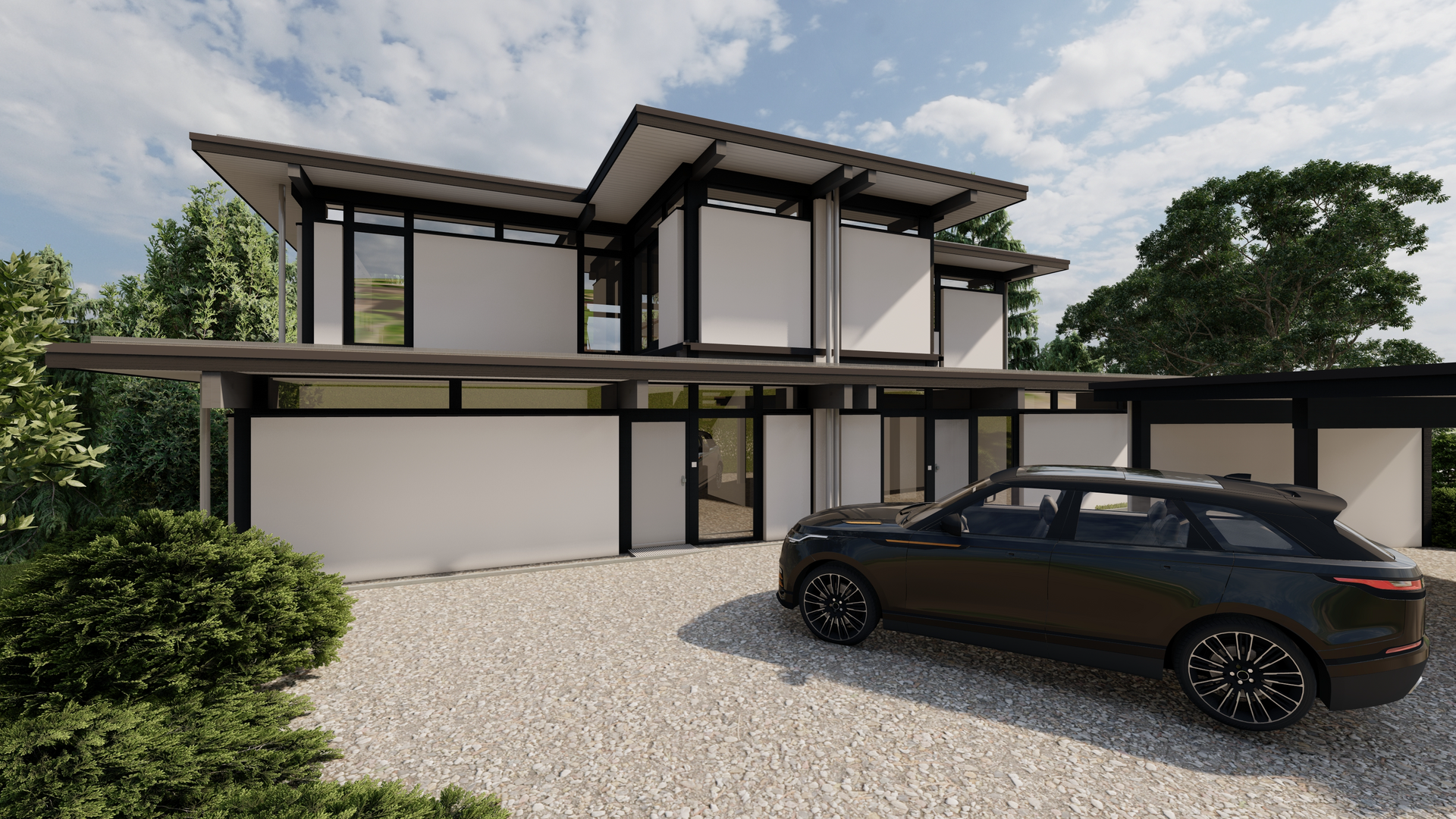 Architektonisches Design eines modernen Mehrfamilienhauses mit Auto
