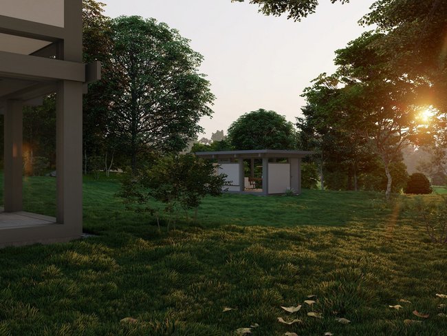 Ein elegantes Haus auf einer grünen Wiese mit Sonnenuntergang im Hintergrund