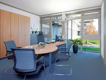 Innenansicht eines modernen Büros mit Pflanzen und hellem Licht