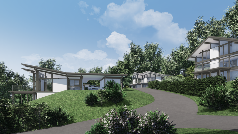 Moderne Architektur in grüner Umgebung Ansicht von modernen Häusern in einer malerischen Landschaft