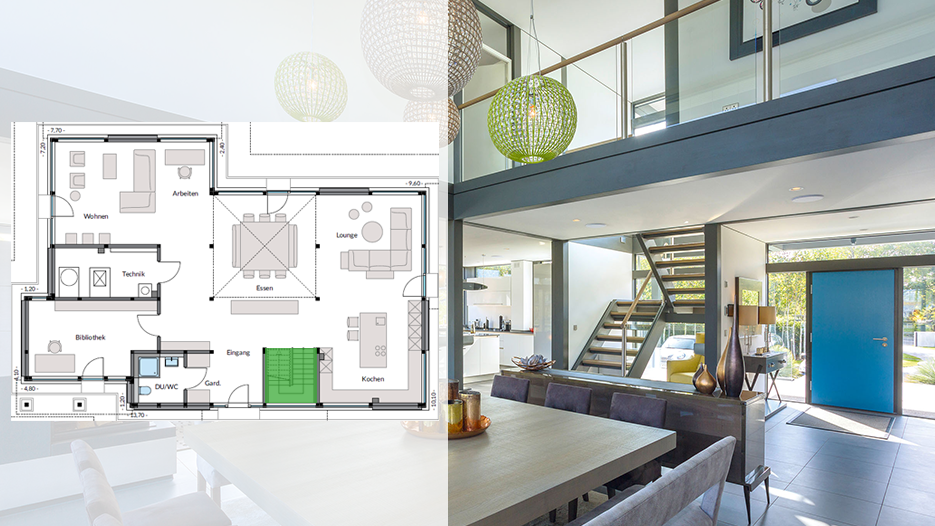 Innenansicht eines modernen Hauses mit Grundrisslayout