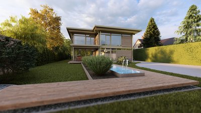 Traumhaus mit Wasseranlage und grüner Umgebung