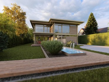 Moderne Architektenhaus Visualisierung mit Garten Traumhaus mit Wasseranlage und grüner Umgebung