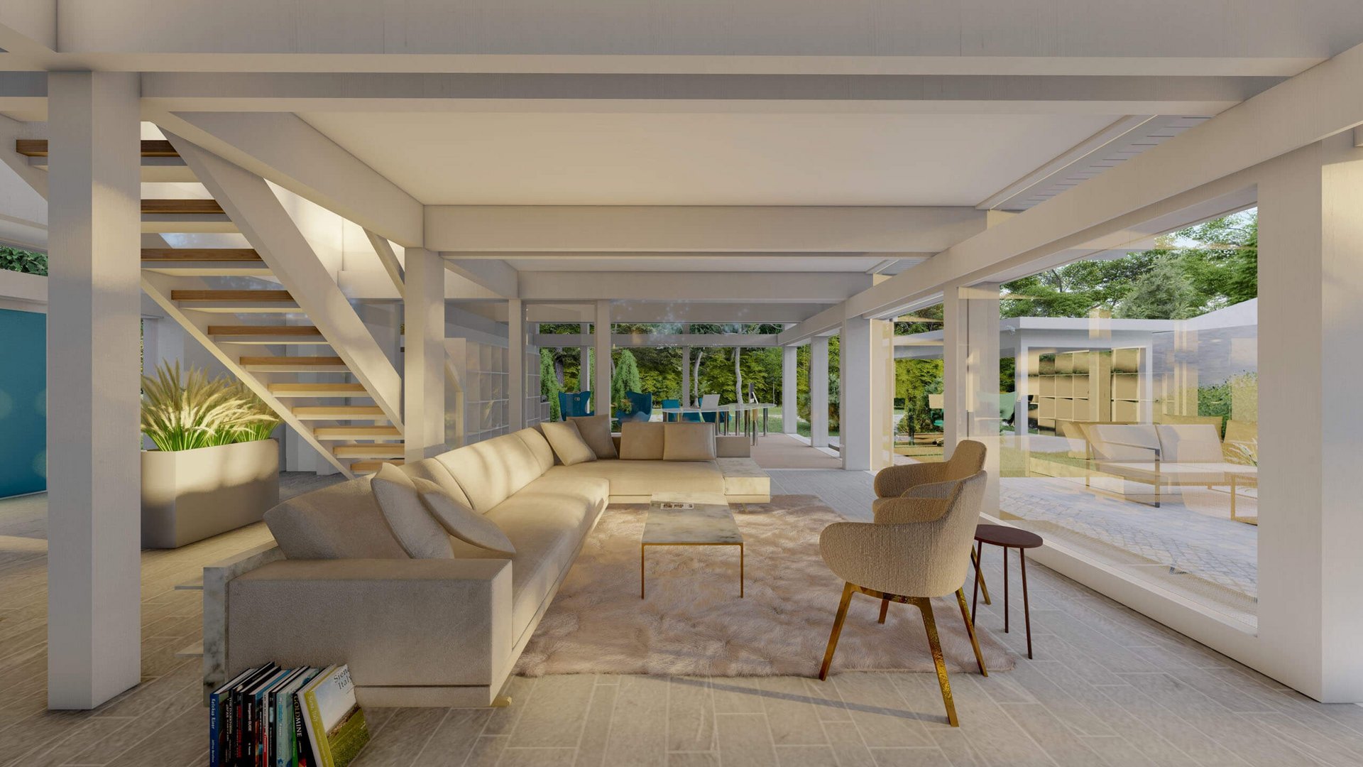 Moderne Wohnraumgestaltung mit natürlichem Licht Heller Wohnbereich mit Sofa, Stühlen und Blick auf den Garten