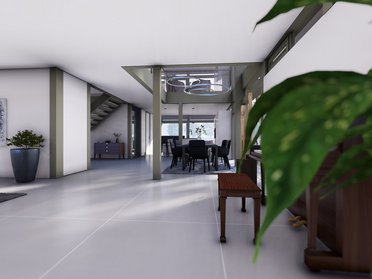 Moderne Architektur eines Traumhauses mit offenem Raum Lichtdurchfluteter Wohnbereich mit eleganter Einrichtung und Pflanzen