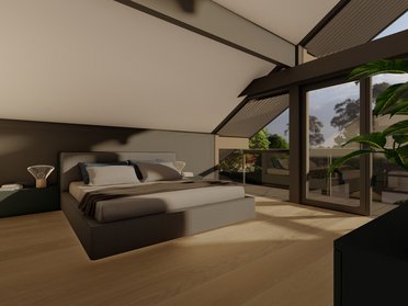 Helles Schlafzimmer mit großen Fenstern und zeitgemäßer Einrichtung