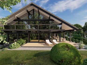 Visualisierung eines Zweifamilienhauses mit großem Glasfenstern und Gartenlandschaft