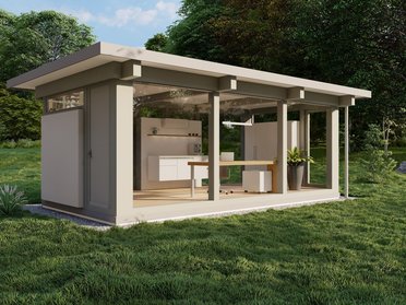 Gartenlaube in der Natur mit offener Wohnküche und Pflanzen