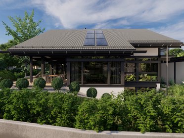Architektonische Darstellung eines Zweifamilienhauses mit Garten