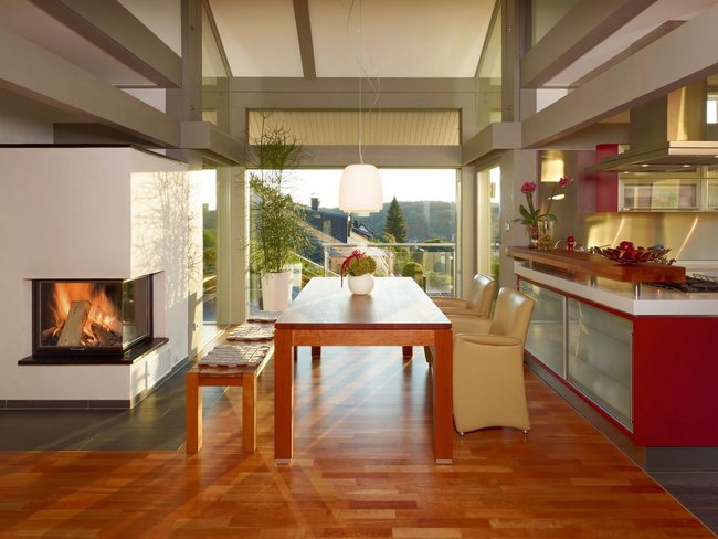 HUF Haus ART 3 grau Fachwerkhaus 1 Offene Bauweise mit Essbereich, Kamin und großer Fensterfront