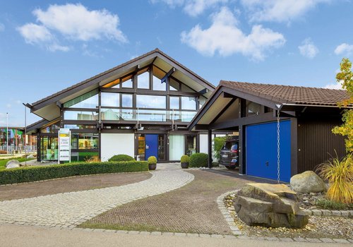 Architektonisches Design eines Hauses mit grünem Garten und Garageneinfahrt
