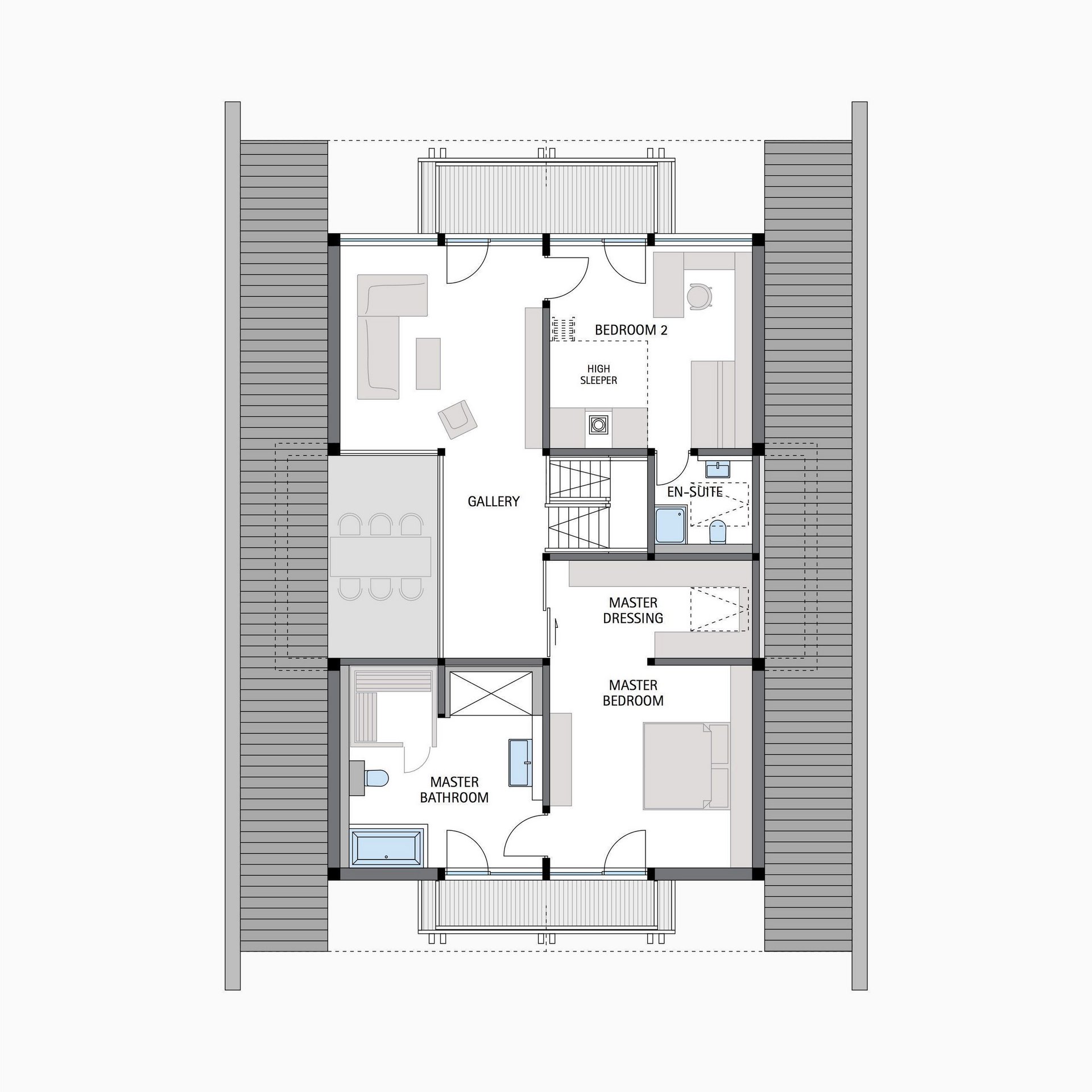 Grundriss eines Hauses mit verschiedenen Schlafzimmern und Badezimmern